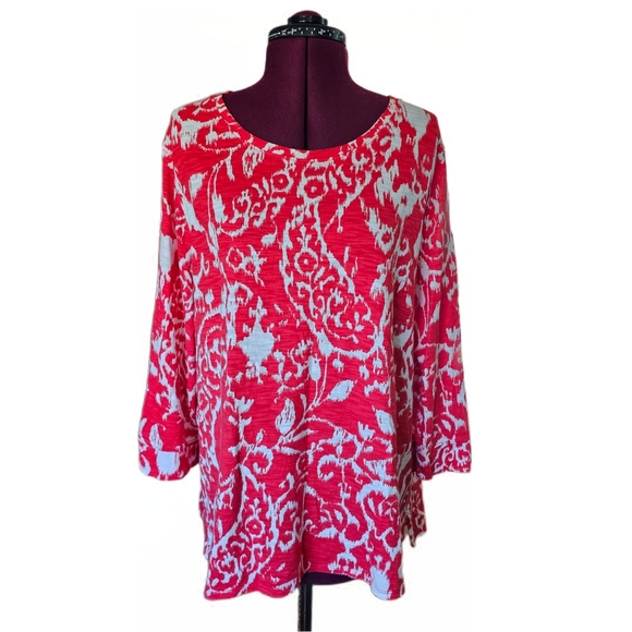 Chico's Button Back Women's Size 3 Xl Red White Paisley 3/4 Sleeves - Picture 1 of 12